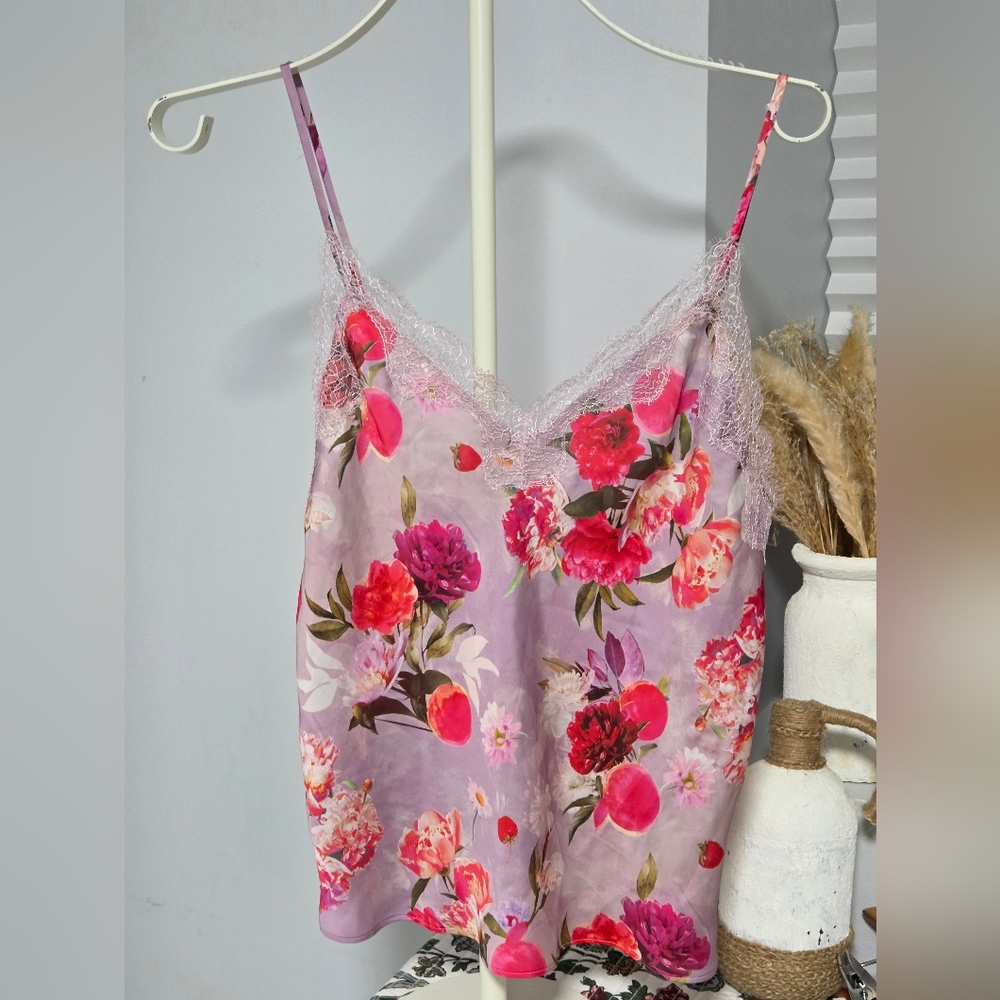 Victoria's Secret Floral Print Lace Spaghetti Strap Flowy Tank Top Purple Pink - Picture 5 of 5